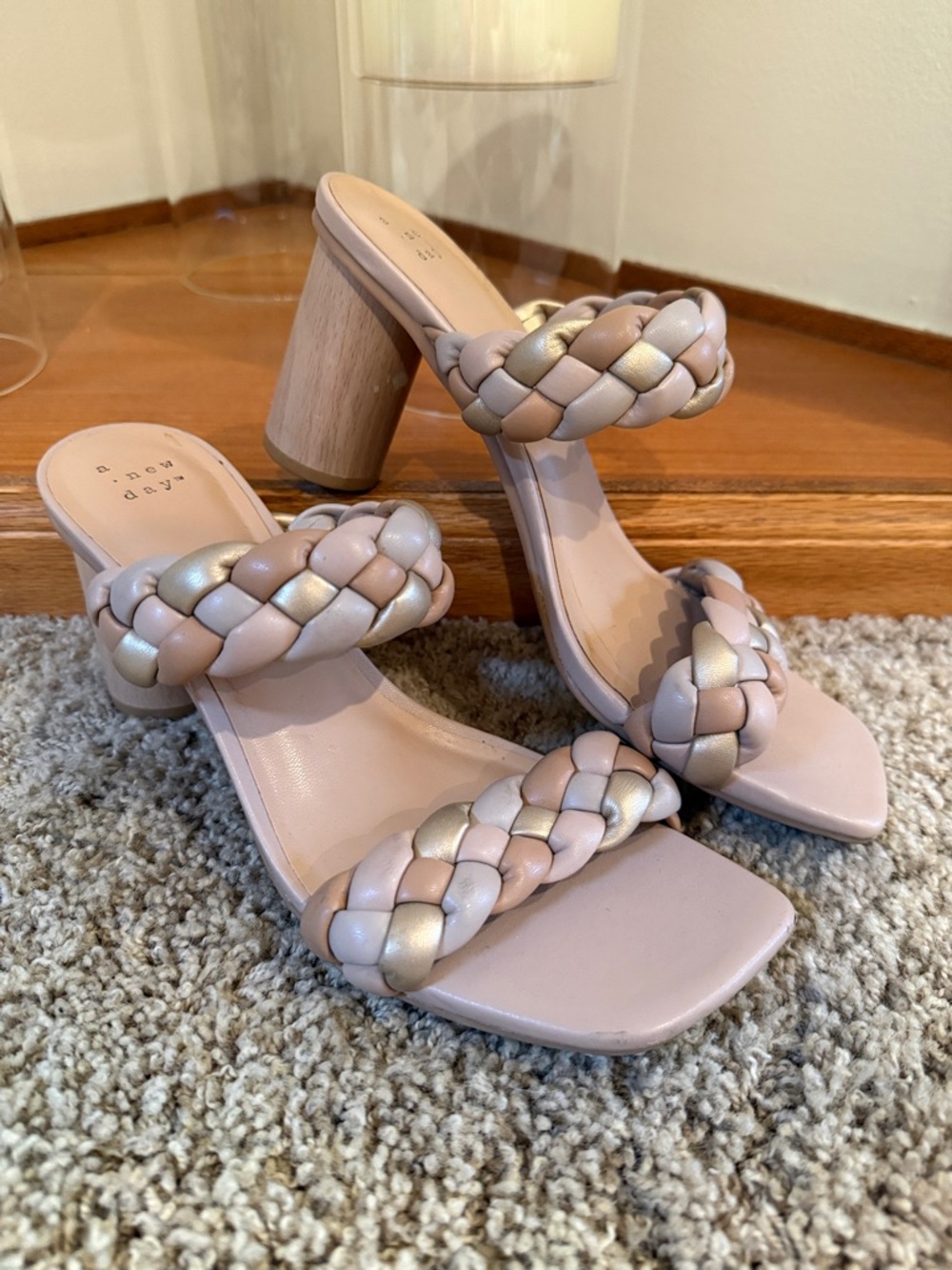 a new day Braided Double-Strap Block Heel Sandal in Blush and Metallic